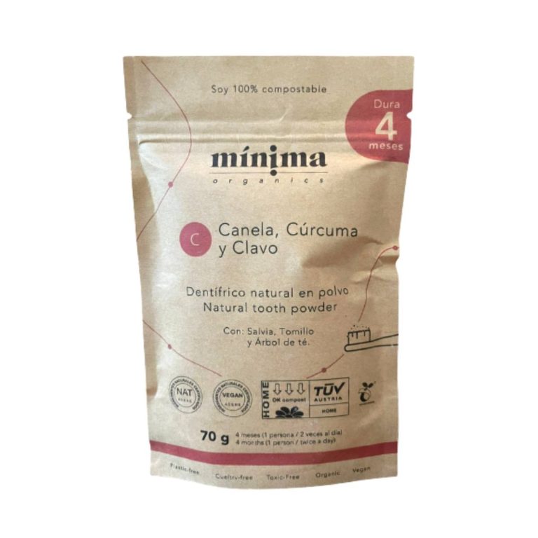 Caja de pasta de dientes ecológico en polvo de Canela Clavo y Cúrcuma