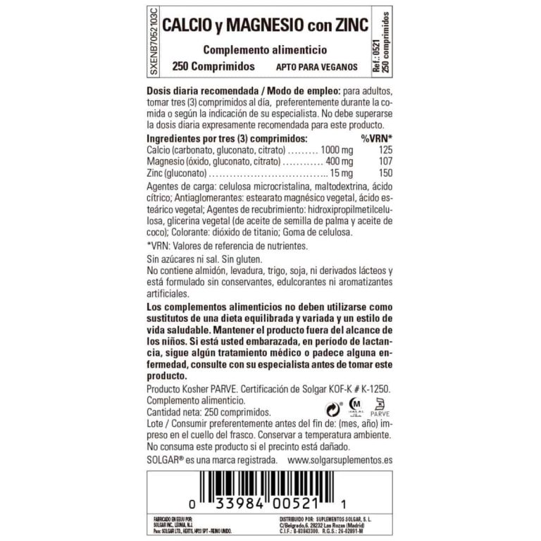 Calcio y Magnesio con Zinc – 250 Comprimidos