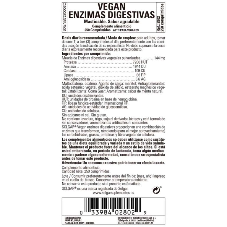 Enzimas Digestivas Veganas – 250 Comprimidos Masticables