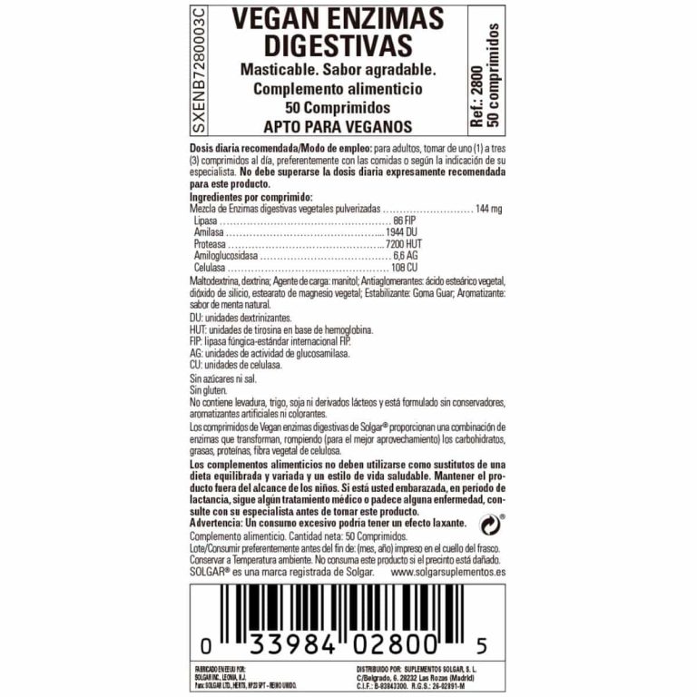 Enzimas Digestivas Veganas – 50 Comprimidos Masticables